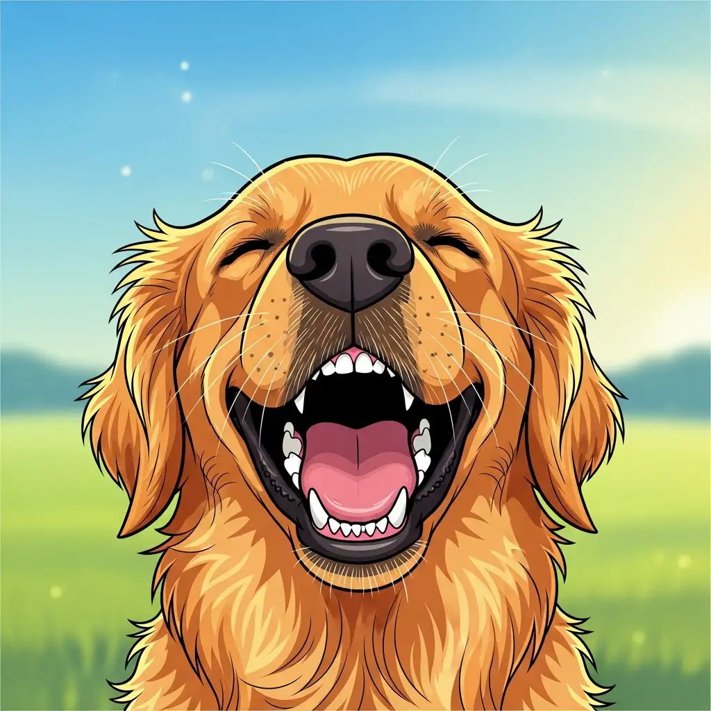 건강한 잇몸과 하얀 치아를 드러내며 웃고 있는 강아지의 모습으로 치주질환이 없는 깨끗한 구강 상태를 보여줍니다.