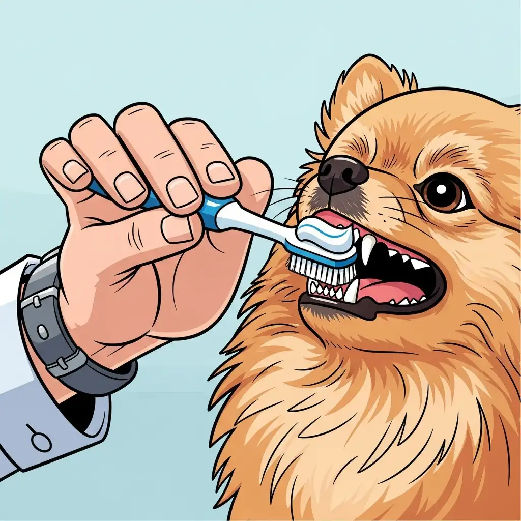 강아지 전용 칫솔과 치약을 사용하여 잇몸 경계선을 세심하게 닦아주는 올바른 강아지 양치질 모습입니다.