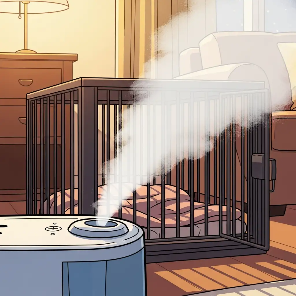 강아지 호흡기 건강을 위해 실내 습도를 적절하게 조절하고 있는 가습기의 모습