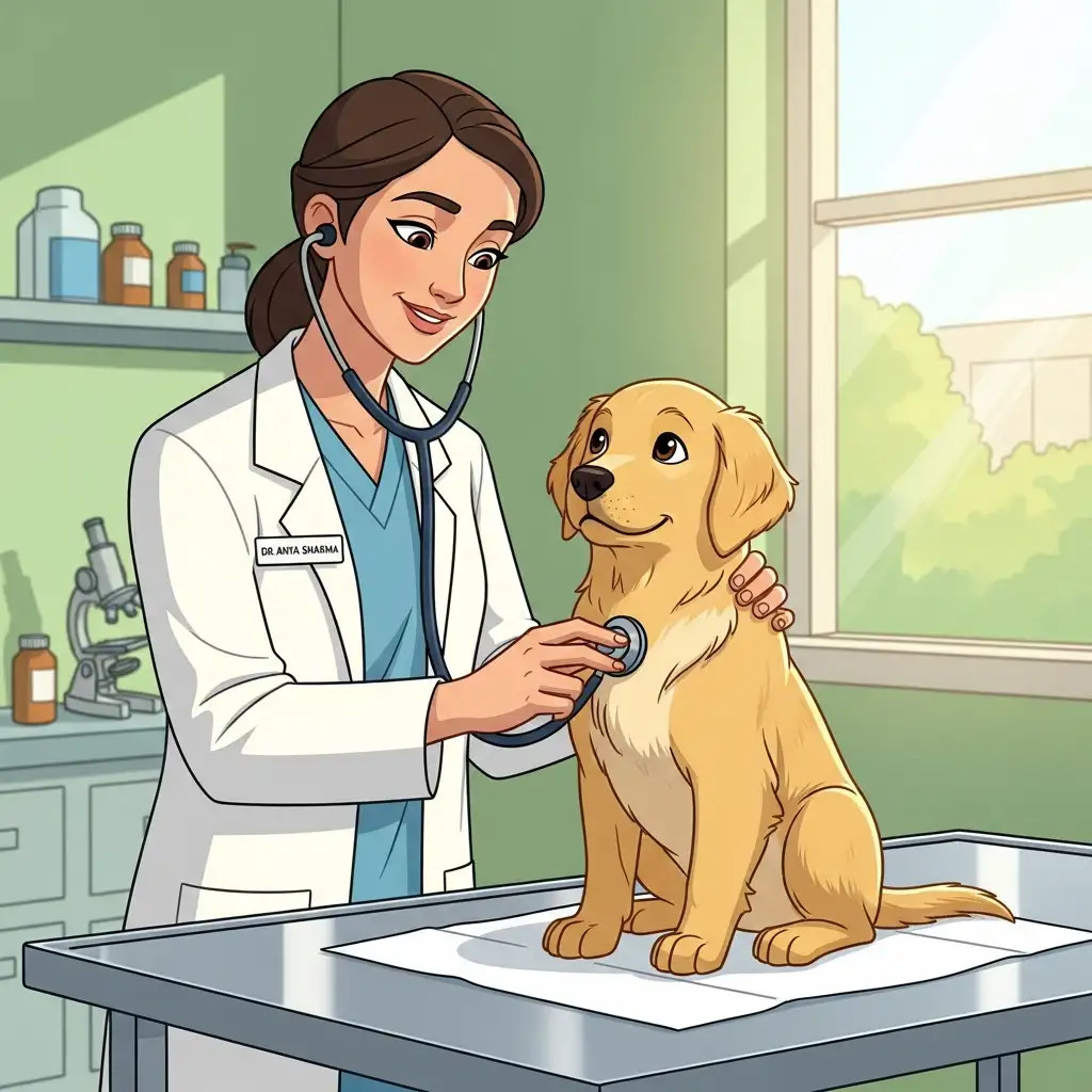 동물병원에서 수의사에게 호흡기 검진을 받고 있는 강아지와 친절한 진료 현장