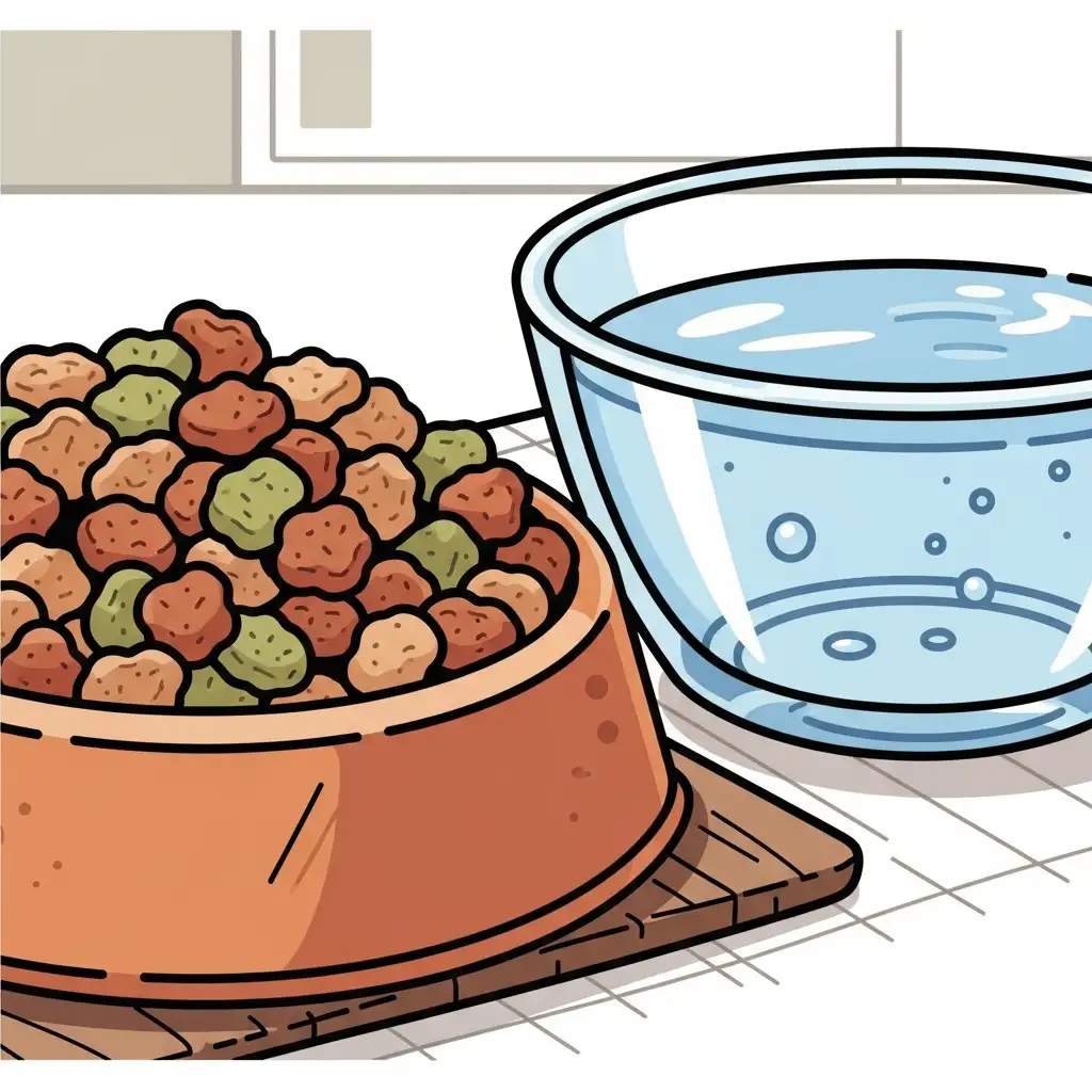 신장 건강을 위해 인 성분을 낮춘 강아지신부전식단 전용 사료와 깨끗한 물이 담긴 그릇