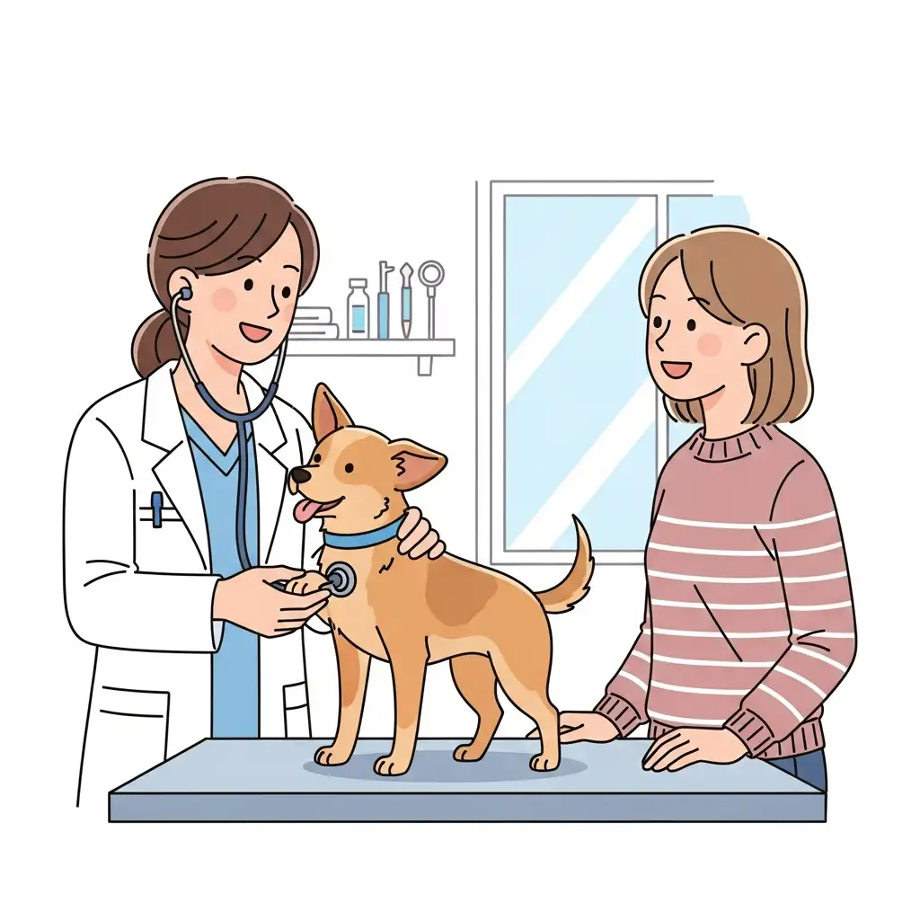 수의사가 강아지의 상태를 꼼꼼하게 살피며 강아지신장관리 방법을 설명하는 전문적인 모습