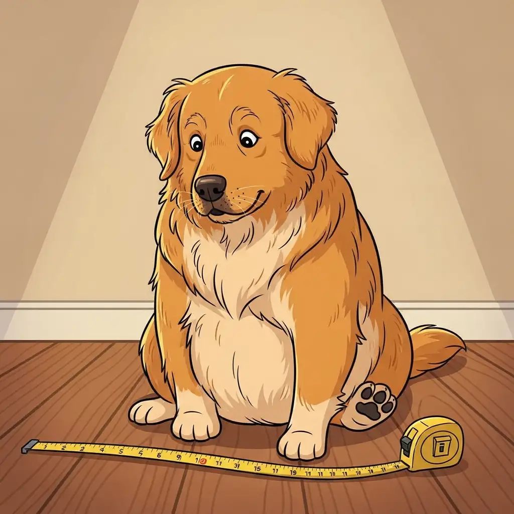 강아지 비만 상태를 확인하기 위해 체중을 측정하고 건강 상태를 점검하는 모습의 골든 리트리버 사진입니다.