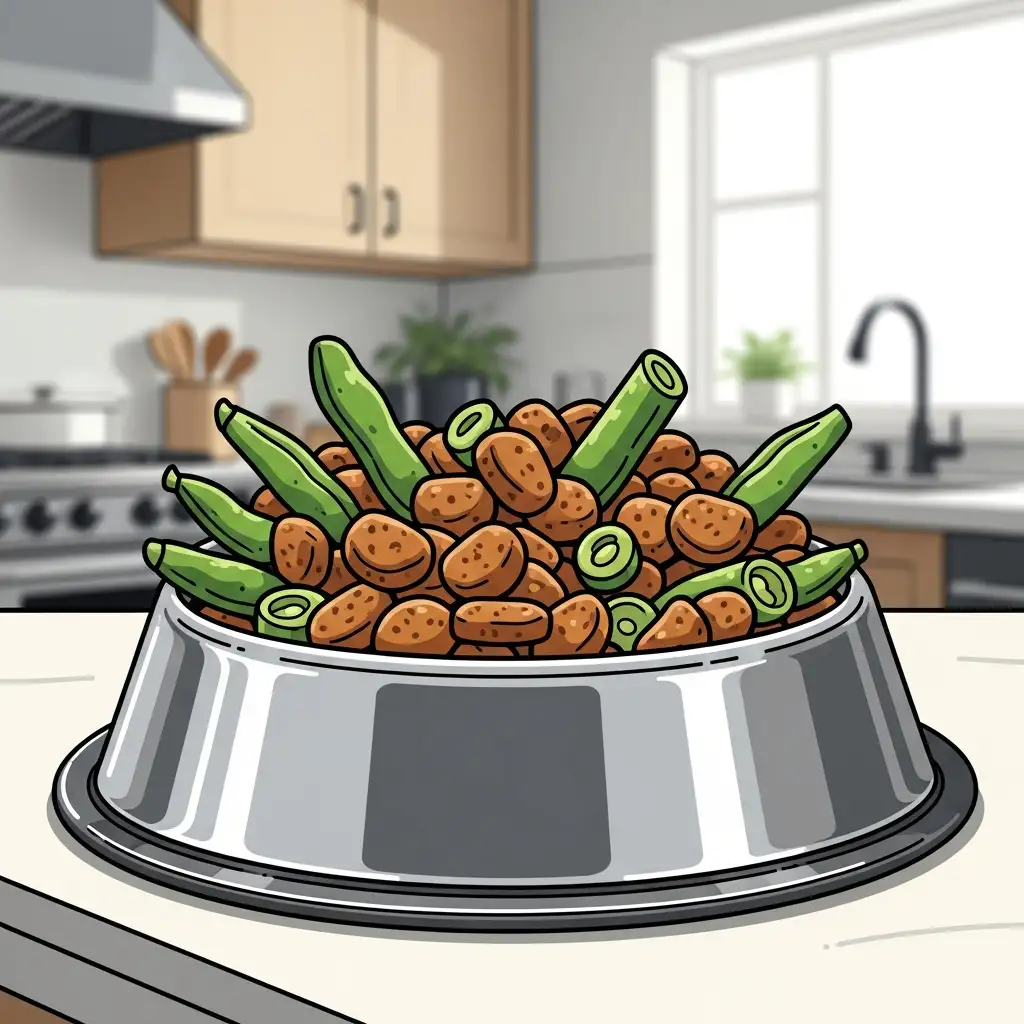 강아지다이어트식단을 위해 섬유질이 풍부한 사료와 채소를 섞어 준비한 건강한 식단 이미지입니다.