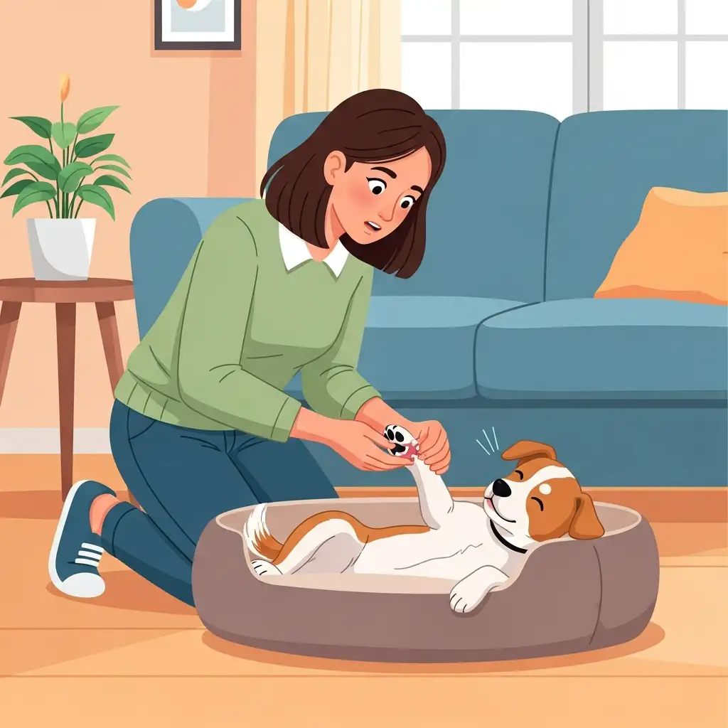 반려견의 건강 상태를 확인하기 위해 잇몸과 발바닥을 세심하게 살피는 보호자의 모습으로 강아지건강체크의 중요성을 보여줍니다.