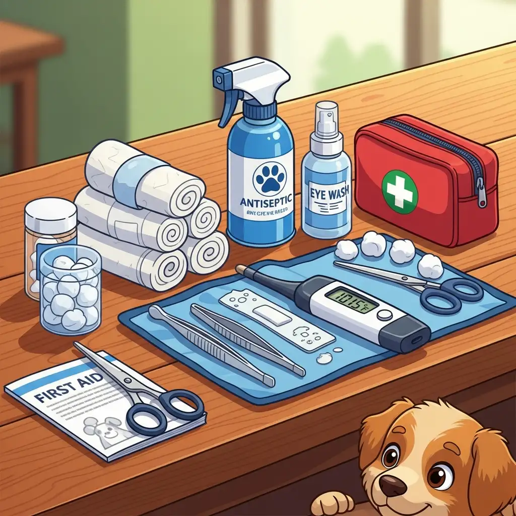 강아지상비약과 응급처치 도구들이 가지런히 정리된 모습으로 비상 시 신속한 대응을 위해 꼭 필요한 구성품들입니다.