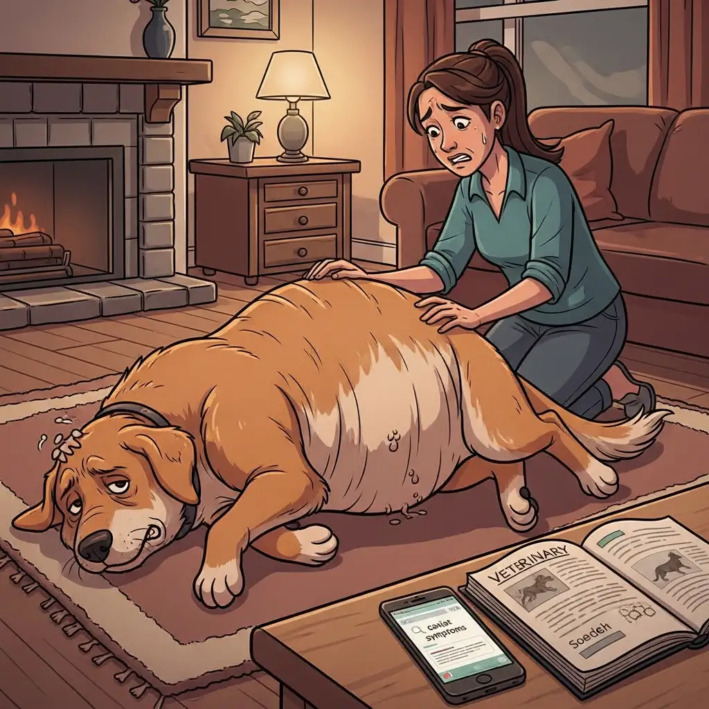 강아지 위확장 염전으로 인해 복부가 비정상적으로 팽창하여 고통스러워하는 대형견의 모습과 걱정하는 보호자