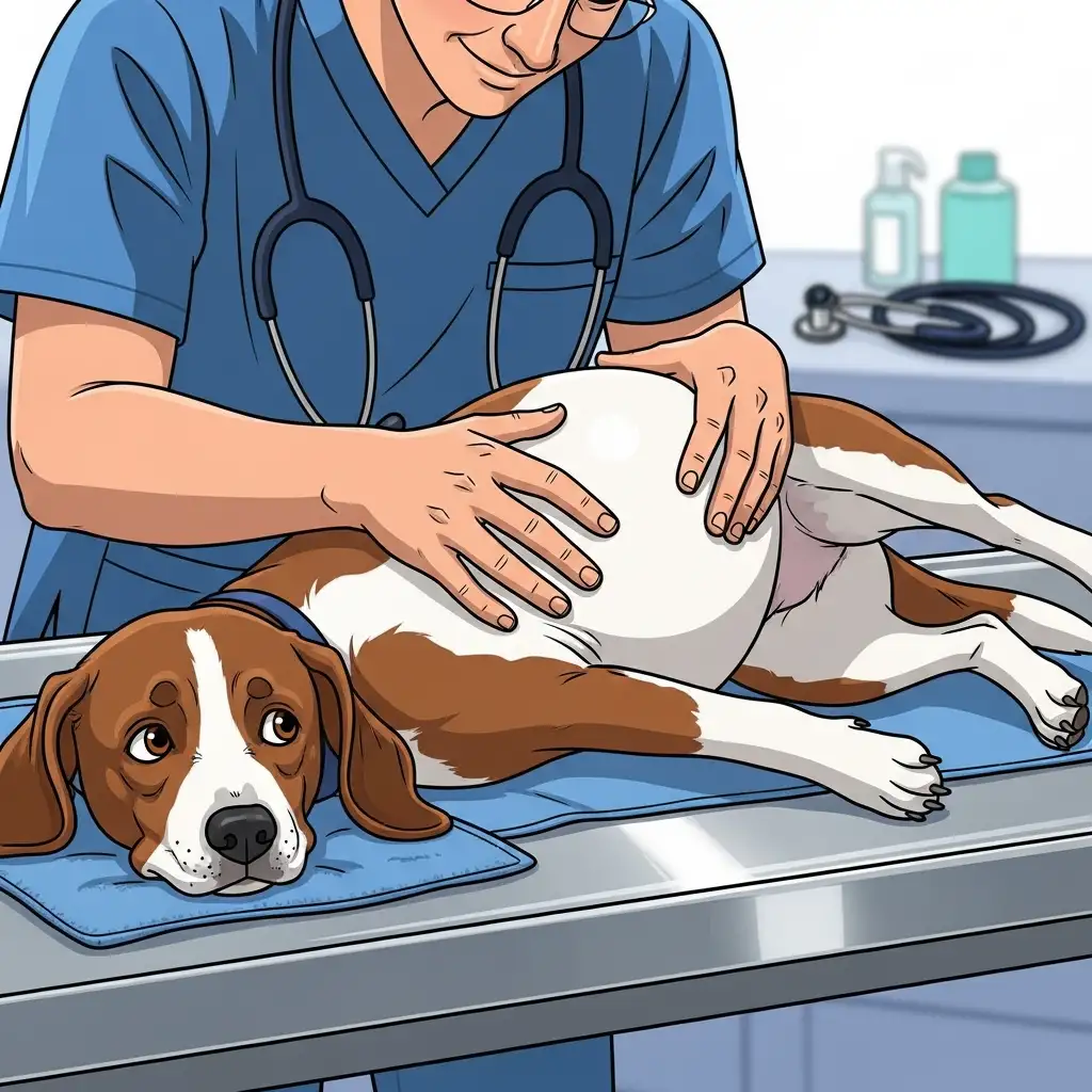 병원에서 수의사가 강아지복부팽만 상태를 확인하기 위해 강아지의 배를 조심스럽게 촉진하는 응급 검사 장면