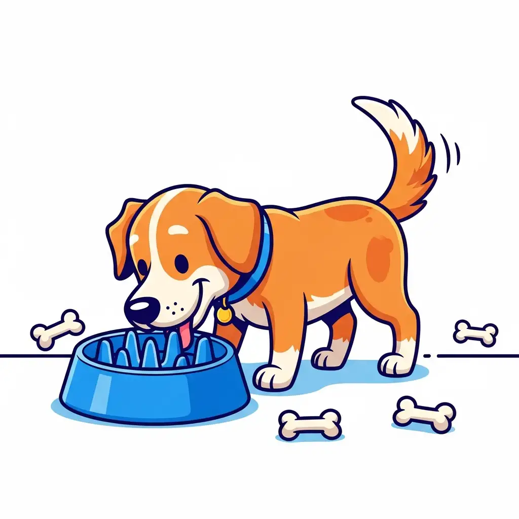 강아지 고창증 예방을 위해 돌기가 있는 슬로우 식기에서 천천히 사료를 먹고 있는 반려견의 모습