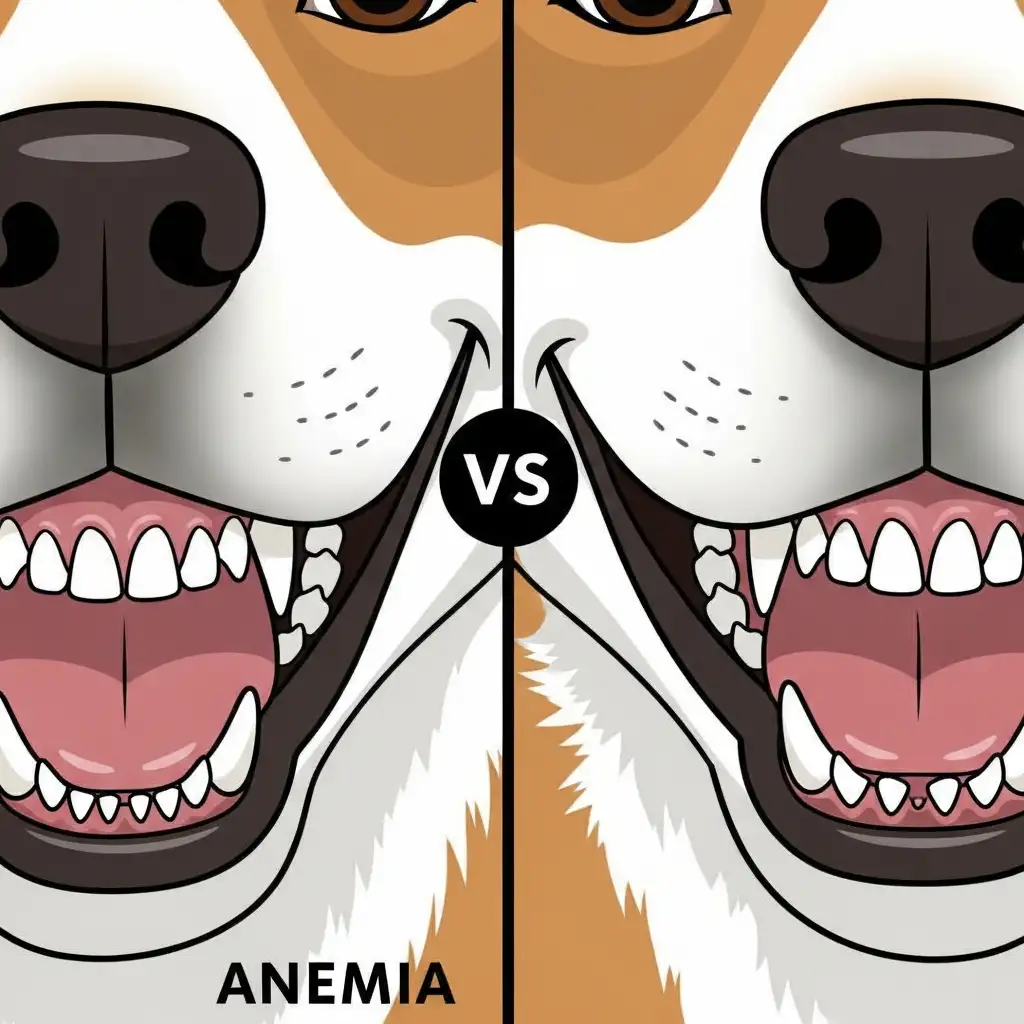 강아지빈혈 증상으로 인해 잇몸 색깔이 건강한 분홍색이 아닌 창백한 흰색으로 변한 비교 사진입니다.