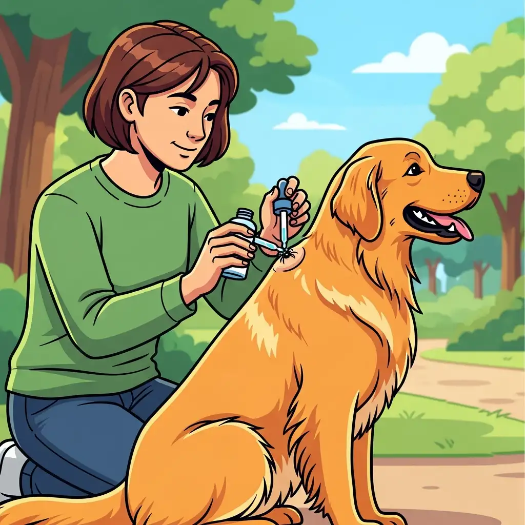 강아지진드기예방을 위해 산책 전 목 뒤에 외부 구충제를 꼼꼼하게 발라주는 보호자의 모습입니다.