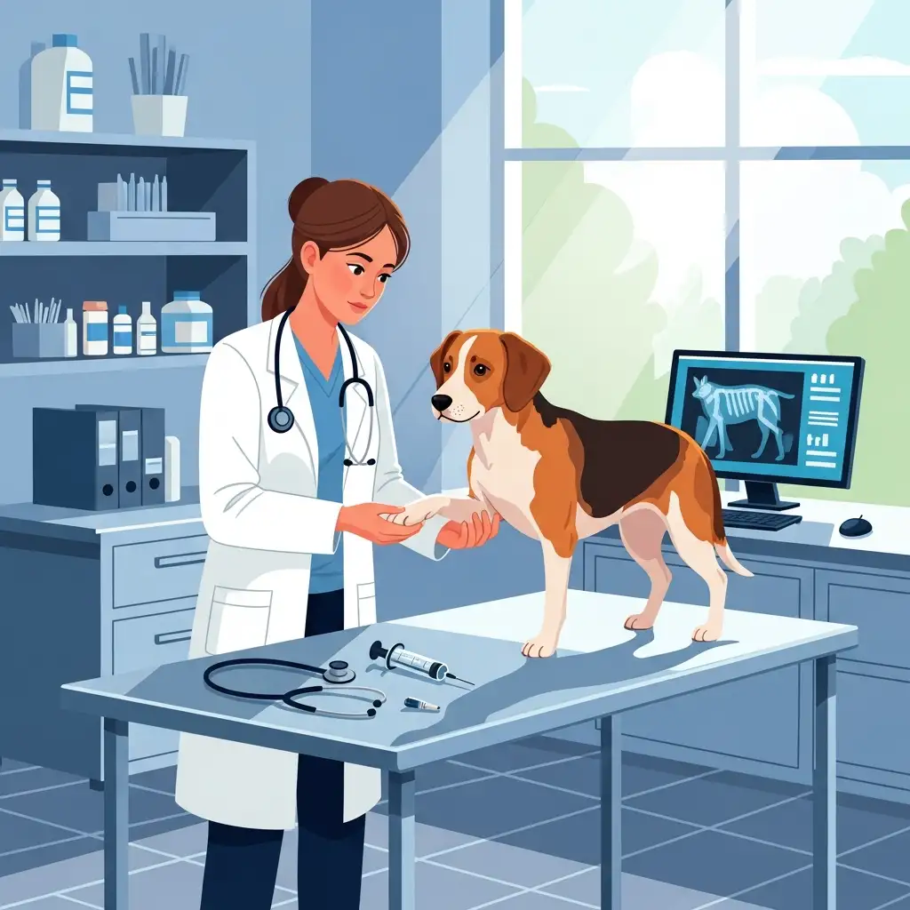 수의사가 강아지를 세심하게 진찰하며 에디슨병 진단을 위한 검사를 준비하는 전문적인 모습의 이미지입니다.