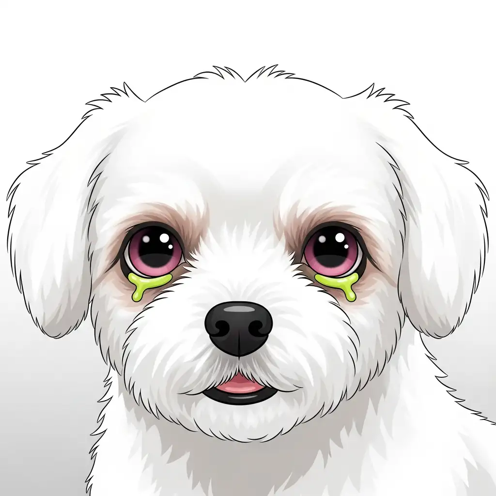 강아지눈충혈과 강아지눈꼽 증상이 나타난 강아지의 모습으로 결막염의 초기 증상을 설명합니다.