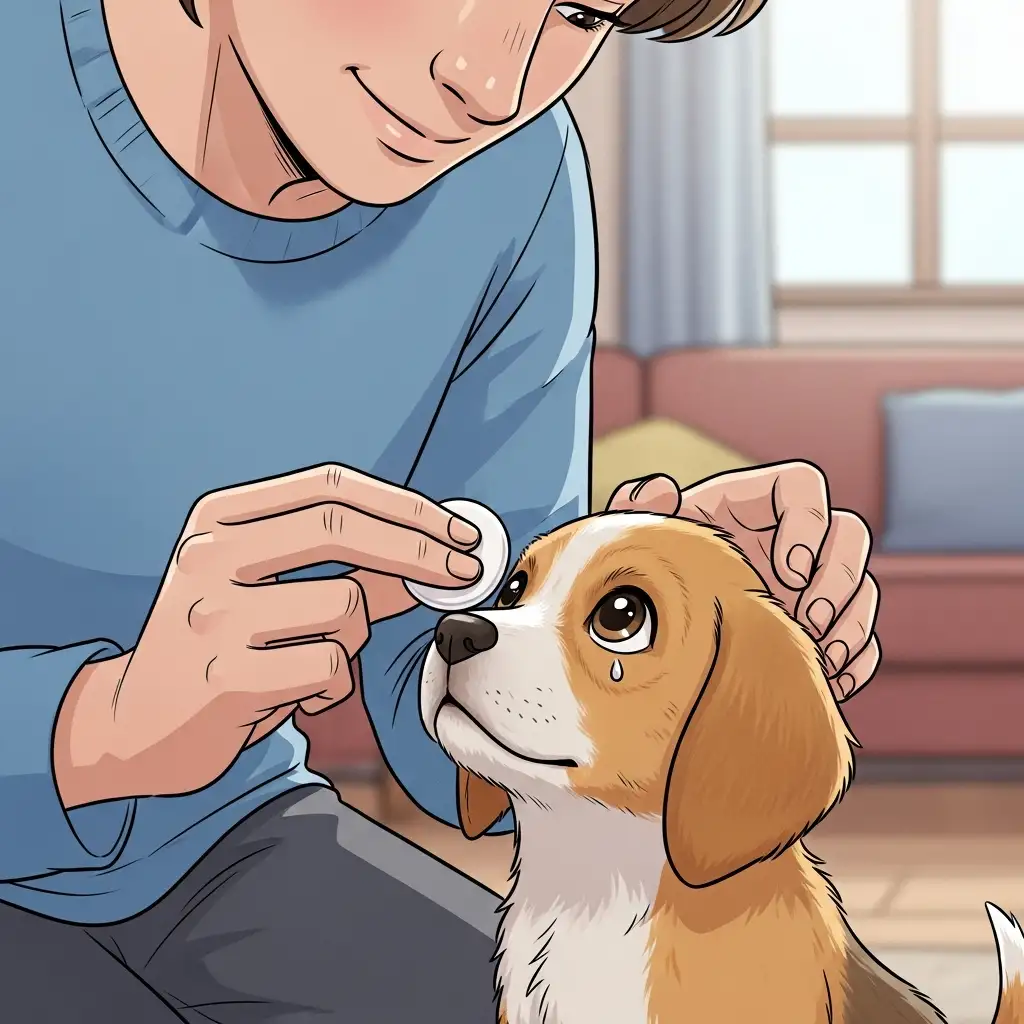 보호자가 강아지의 눈 주변을 부드럽게 닦아주며 강아지안구관리를 실천하는 모습입니다.