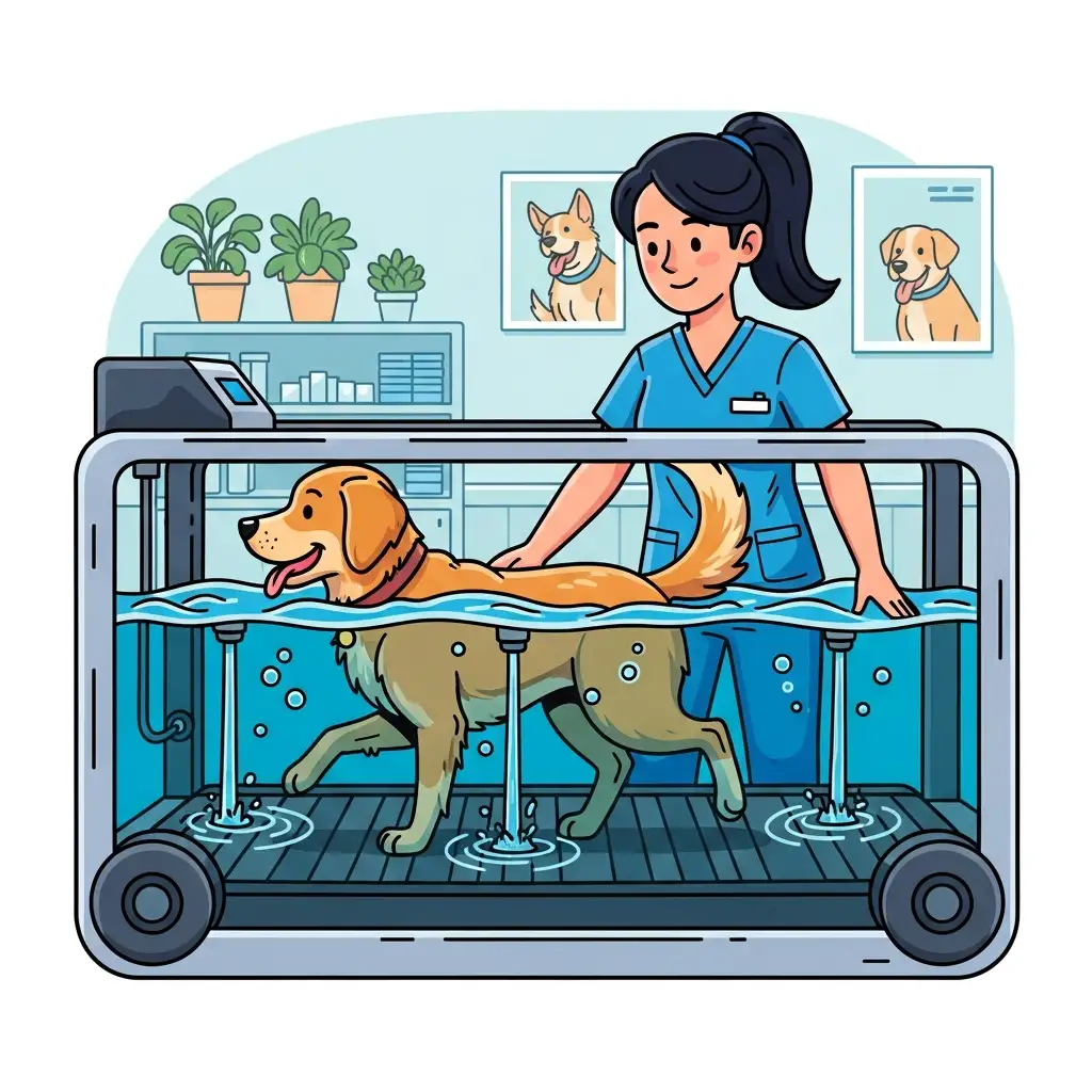 강아지 재활 치료를 위해 수중 러닝머신에서 뒷다리 근력을 강화하고 있는 강아지의 모습입니다.