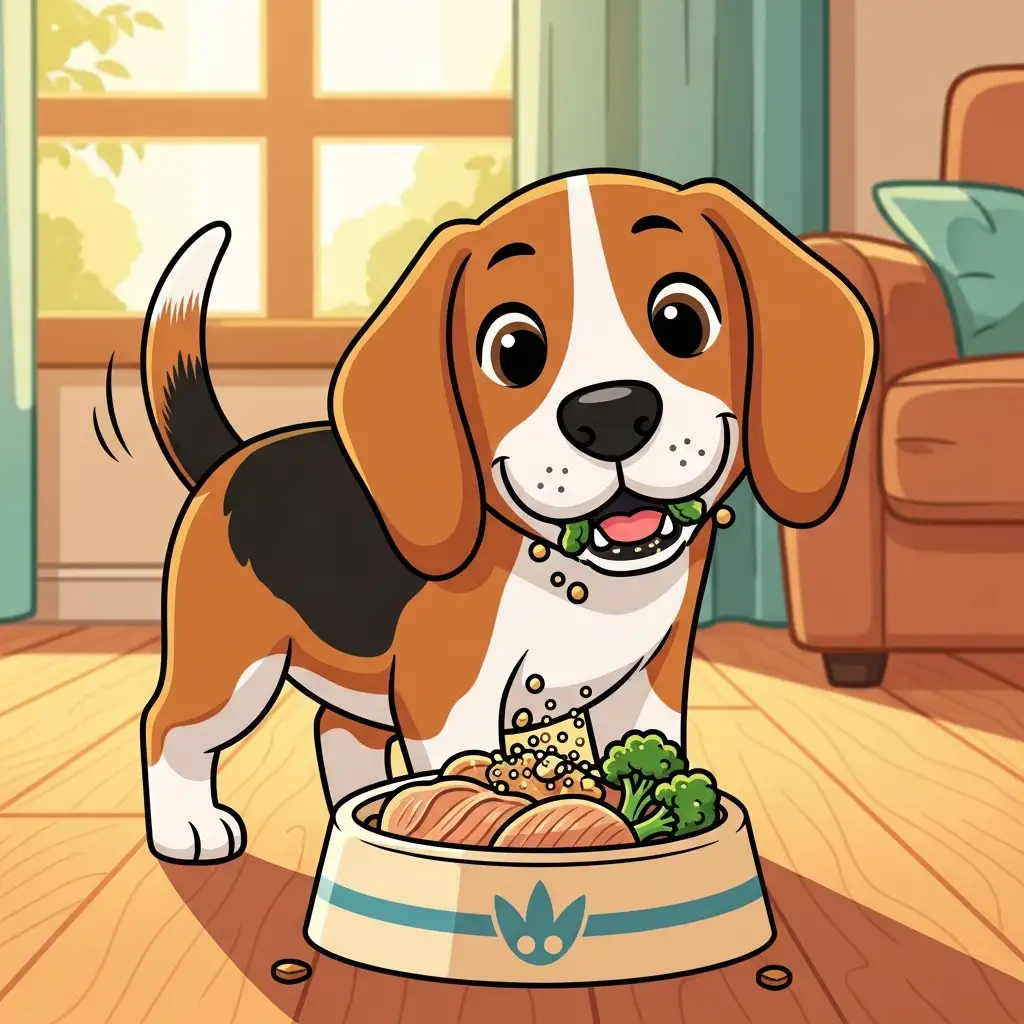 항암 치료 중 영양 공급을 위해 고단백 저탄수화물 식단의 건강한 식사를 맛있게 먹고 있는 강아지의 모습입니다.