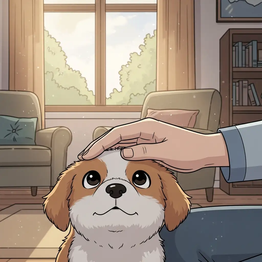 새로운 환경에 적응 중인 강아지에게 보호자가 다정한 손길로 스킨십을 하며 유대감을 형성하고 있는 모습입니다.