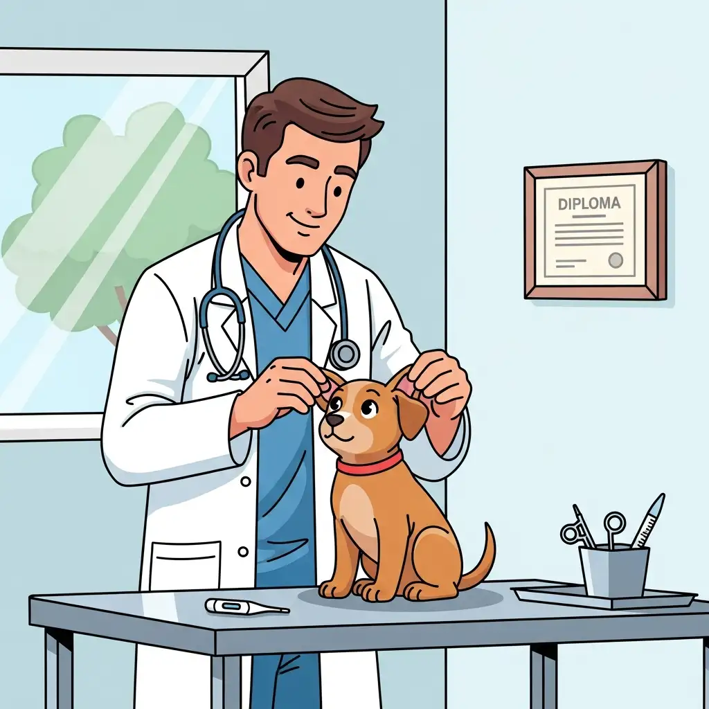 깨끗한 동물병원 진료실에서 수의사가 어린 강아지의 건강 상태를 세심하게 체크하며 진찰하고 있는 장면입니다.