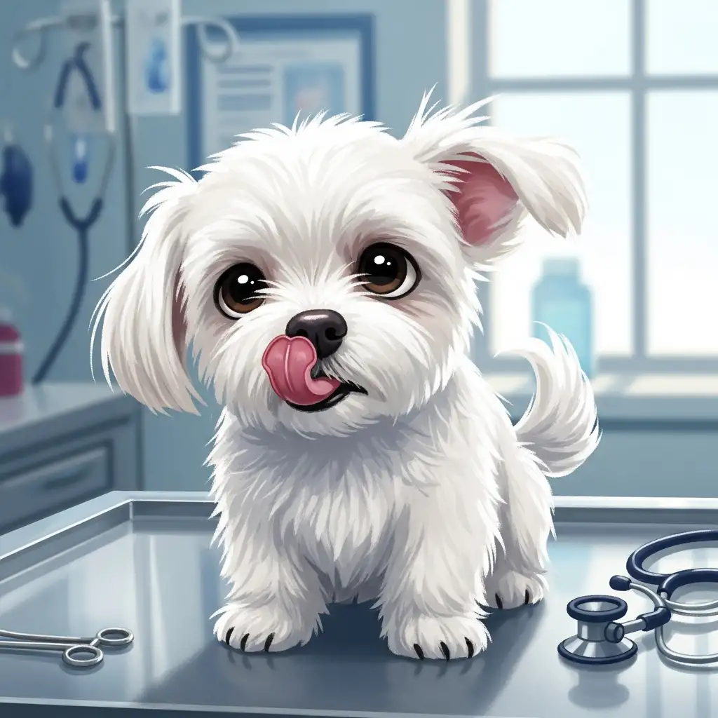동물병원 진료대 위에서 불안한 표정으로 혀를 내밀어 코를 핥고 있는 하얀색 말티즈 강아지의 모습으로 불안함을 해소하려는 카밍 시그널을 보여줌