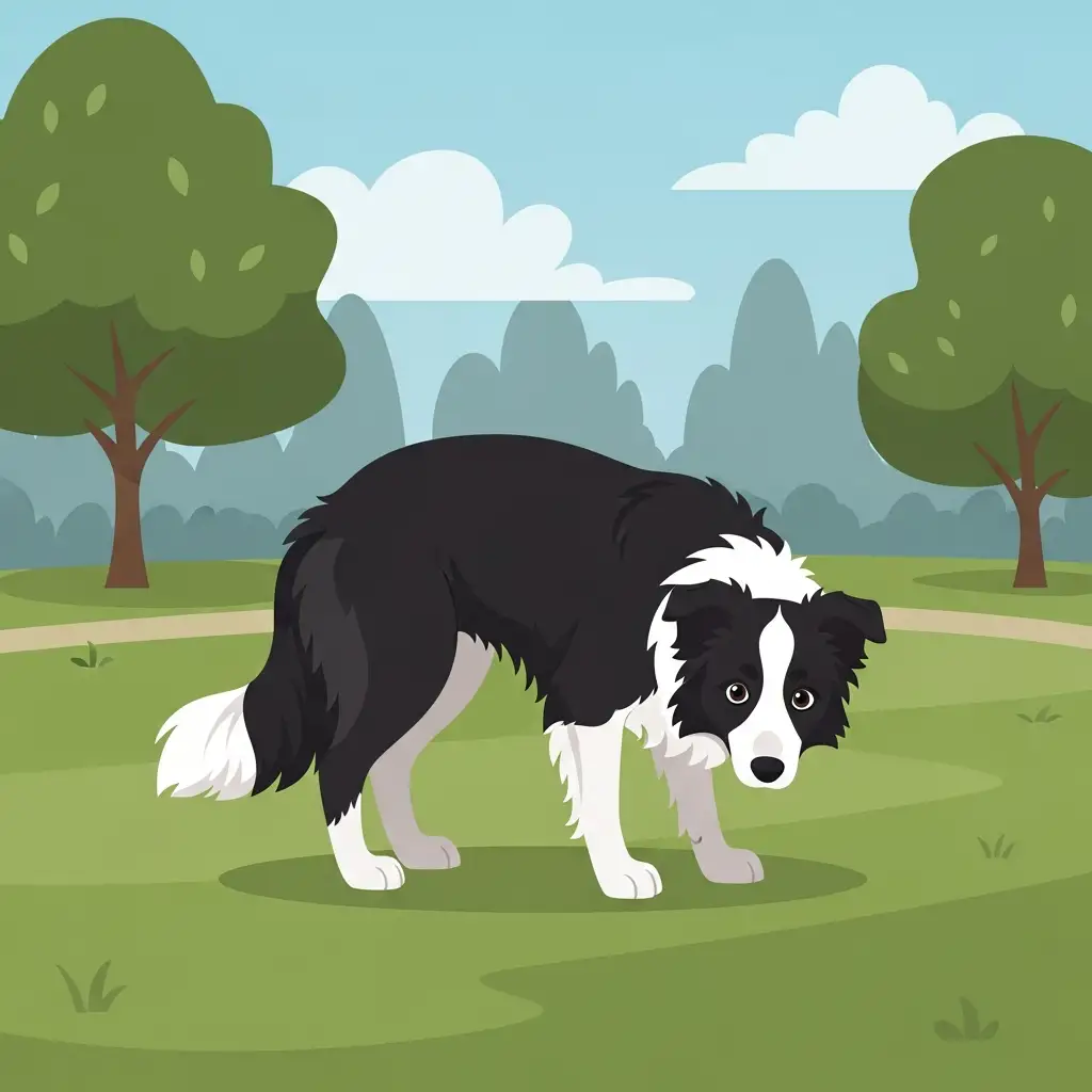 공원 한복판에서 꼬리를 뒷다리 사이로 감추고 바닥을 응시하며 잔뜩 겁에 질린 표정을 짓고 있는 보더콜리 강아지의 모습으로 공포를 나타내는 꼬리 언어 설명