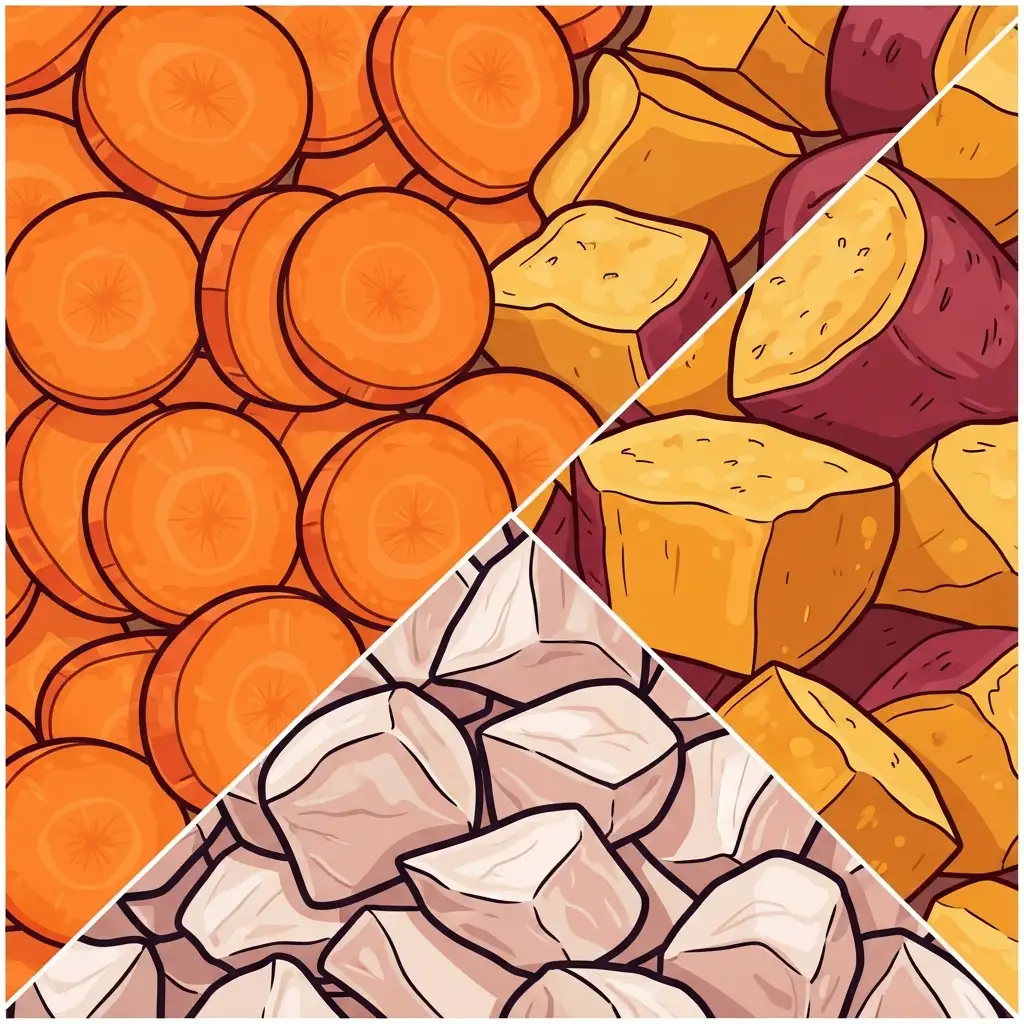 강아지가 먹어도 되는 안전한 음식인 당근 슬라이스, 찐 고구마, 삶은 닭가슴살 조각들의 근접 사진