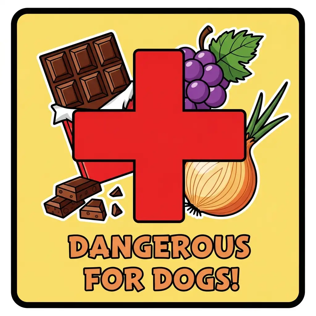 강아지에게 위험한 음식인 초콜릿, 포도, 양파 위에 붉은색 X 표시가 그려진 경고 일러스트