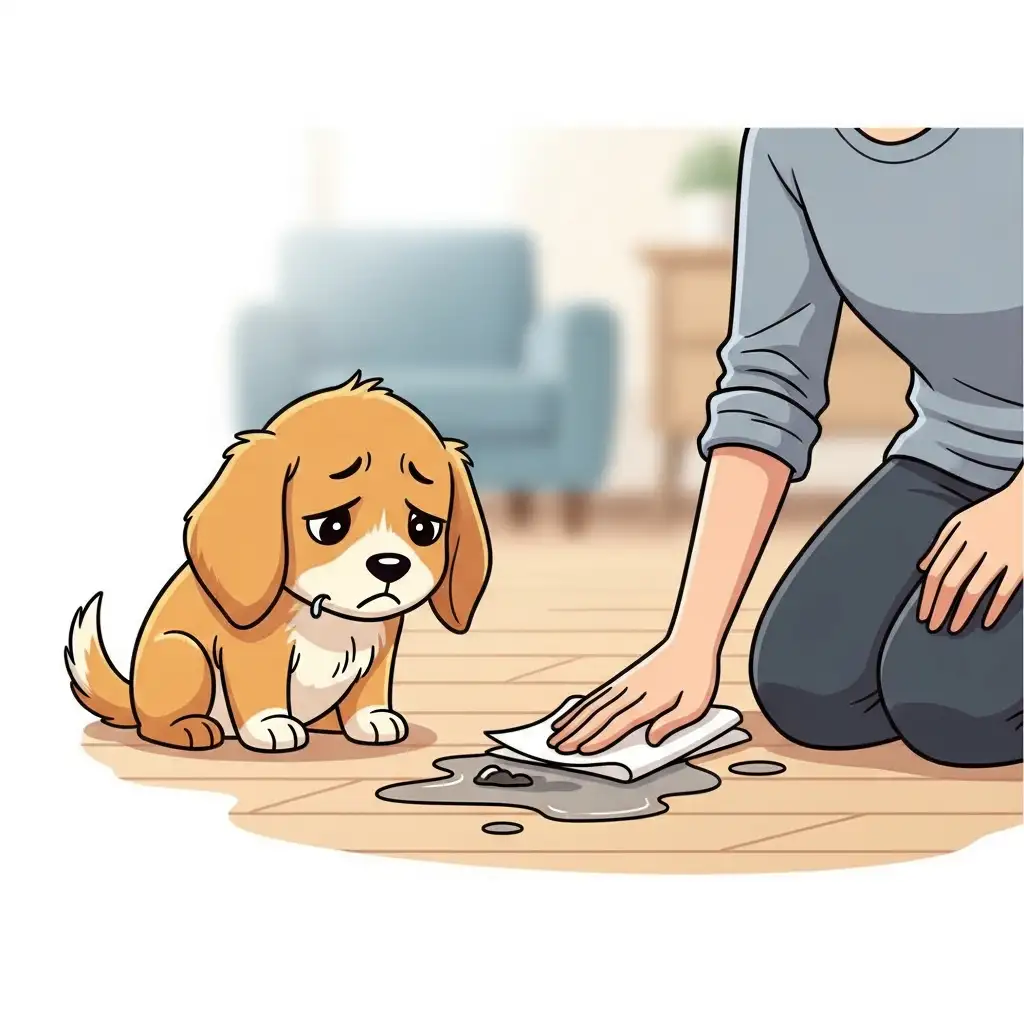 바닥에 실수를 한 강아지와 이를 혼내지 않고 묵묵히 닦아내는 보호자의 인내심 있는 모습