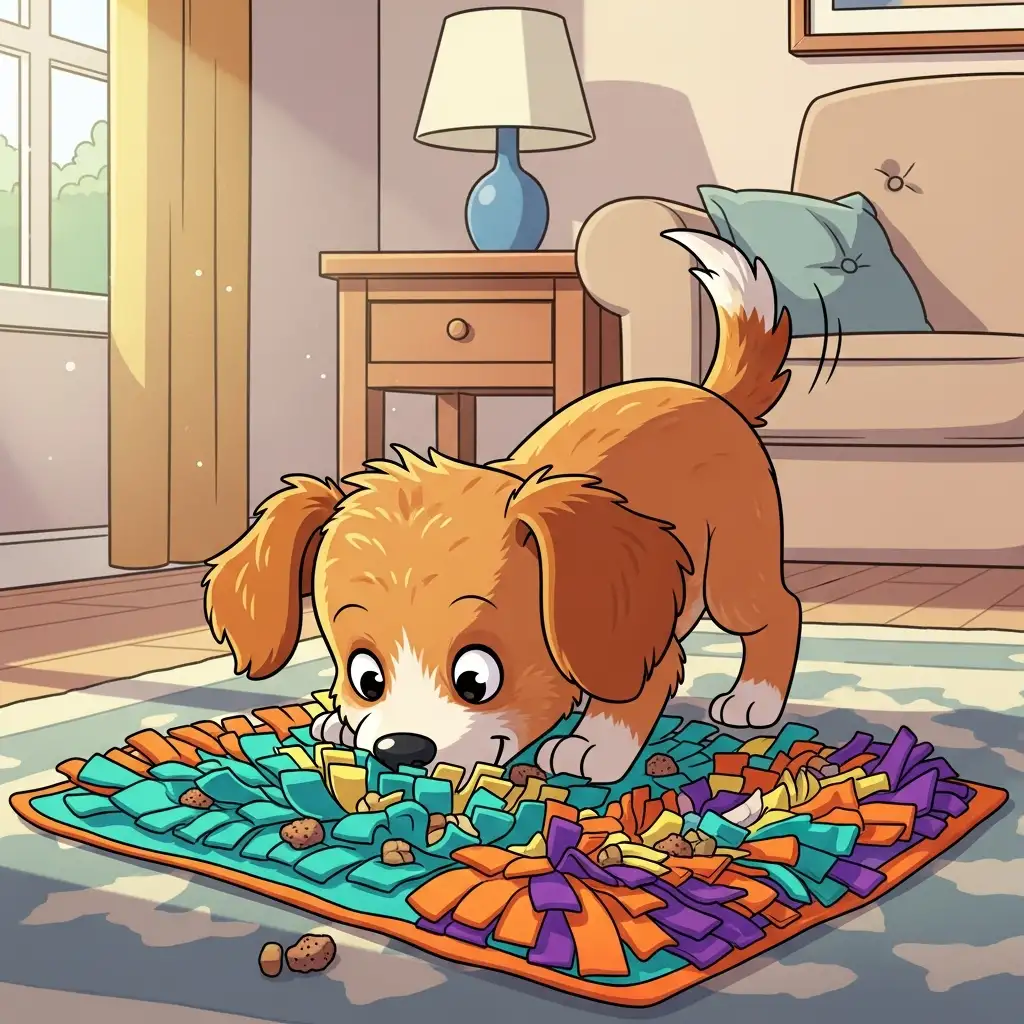 혼자 남겨진 강아지가 노즈워크 장난감에 집중하며 즐거운 시간을 보내는 모습으로 분리불안 완화에 도움을 줍니다.