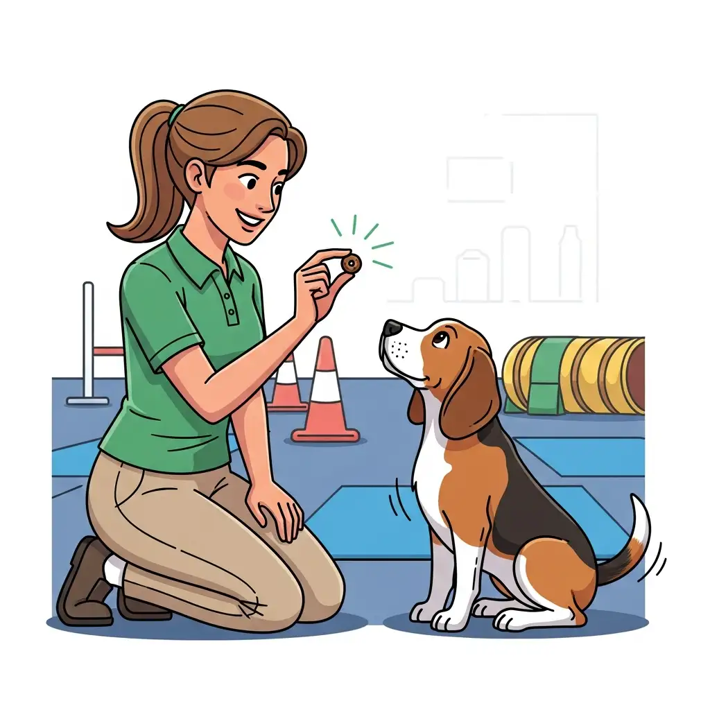 전문가와 함께 긍정 강화 훈련을 받는 비글의 모습으로 올바른 강아지교육의 중요성을 강조합니다.