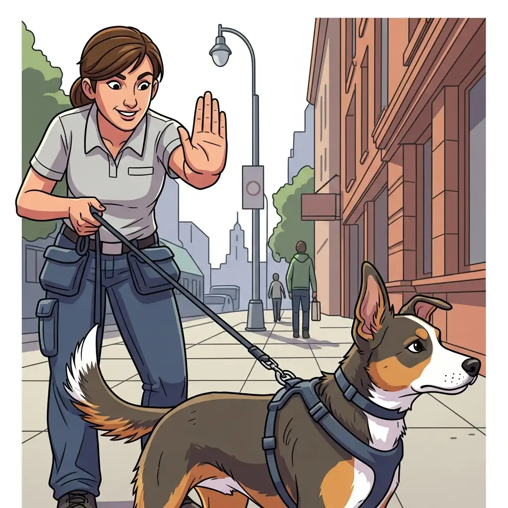 도심 산책 중 강아지가 흥분하지 않도록 리드줄을 짧게 잡고 제어하는 올바른 대처 방법입니다.