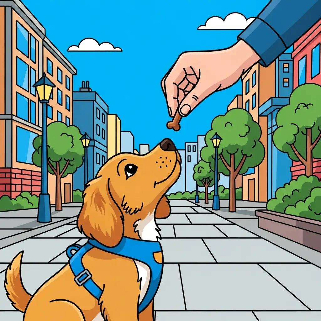 도시 환경에서 산책 교육을 받으며 보호자에게 간식 보상을 받고 있는 강아지의 모습입니다.