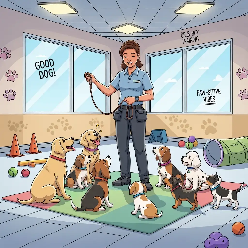 전문 훈련사가 실내 교육장에서 여러 마리의 강아지들에게 사회화 교육을 진행하는 장면입니다.