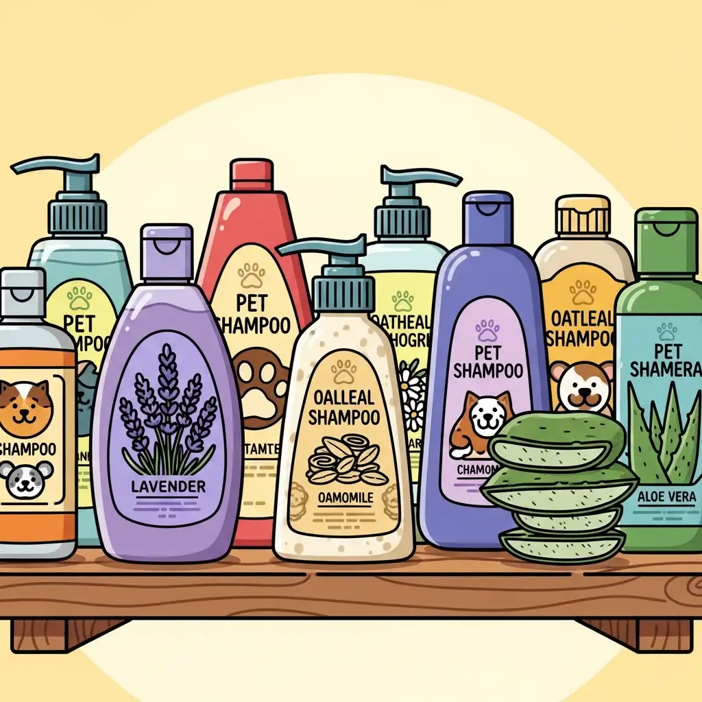 라벤더와 오트밀 등 천연 성분이 함유된 다양한 종류의 강아지 전용 샴푸 제품들이 진열된 모습