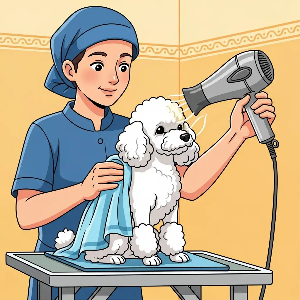 부드러운 수건과 저소음 드라이기를 사용하여 하얀 푸들의 털을 꼼꼼하게 말려주고 있는 정성스러운 모습