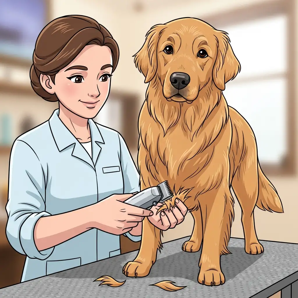 전문가가 전동 이발기를 사용하여 골든 리트리버의 발바닥 털을 정교하게 다듬으며 강아지부분미용을 진행하는 모습