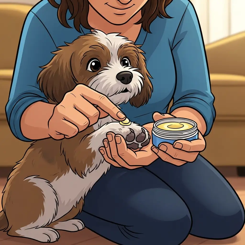 보호자가 건조해진 강아지의 발바닥 패드에 보습용 밤을 부드럽게 발라주며 강아지발패드관리를 해주는 따뜻한 장면