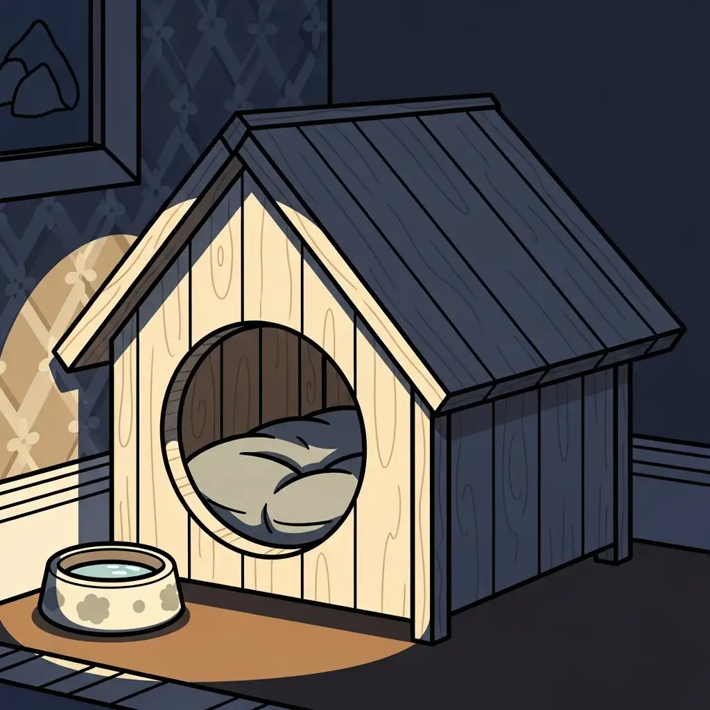 반려견이 외부 방해를 받지 않고 안심하며 숙면을 취할 수 있도록 조성된 아늑하고 독립적인 강아지 전용 침실 환경의 모습입니다.