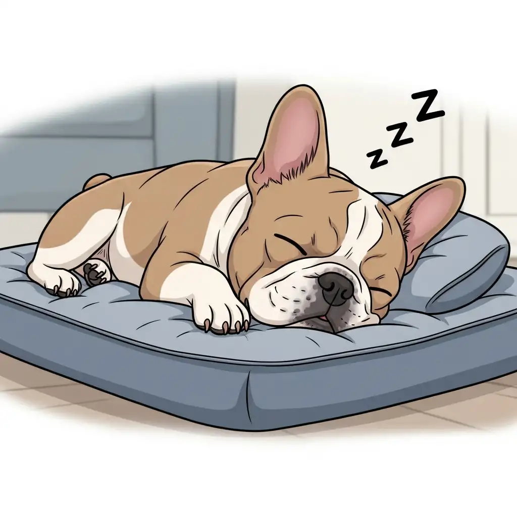 편안한 전용 침대 위에서 숙면을 취하고 있는 강아지의 모습으로 적절한 쿠션감은 관절 건강을 지키고 깊은 잠을 돕습니다.