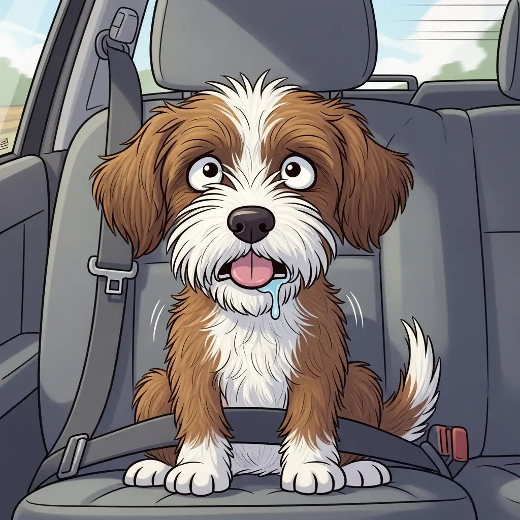 자동차 안에서 헐떡이며 침을 흘리는 등 강아지멀미증상을 보이고 있는 작은 강아지의 안쓰러운 모습