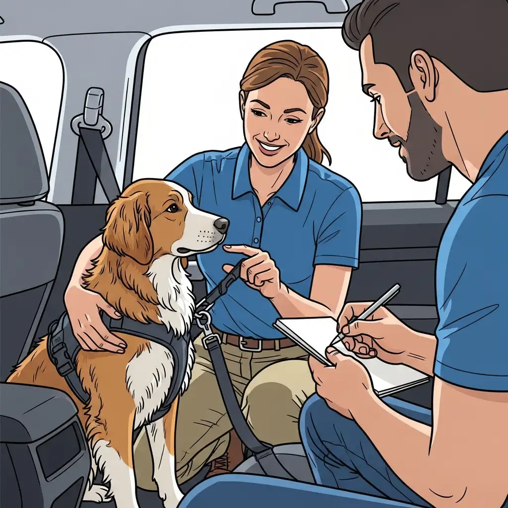 전문가가 보호자에게 강아지자동차 전용 안전벨트와 가슴 줄을 올바르게 연결하는 방법을 교육하고 있는 장면