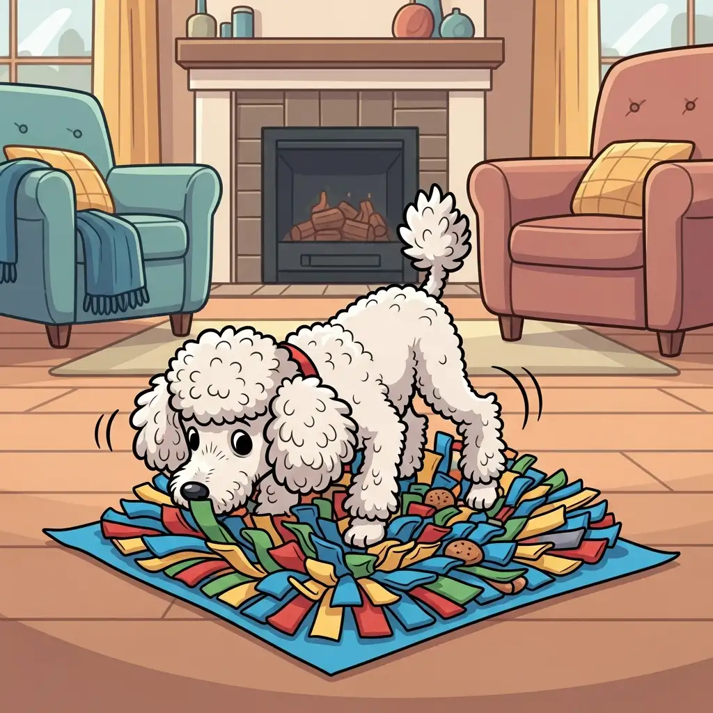 거실 바닥에 놓인 알록달록한 노즈워크 매트에서 코를 킁킁거리며 간식을 찾고 있는 귀여운 푸들 강아지