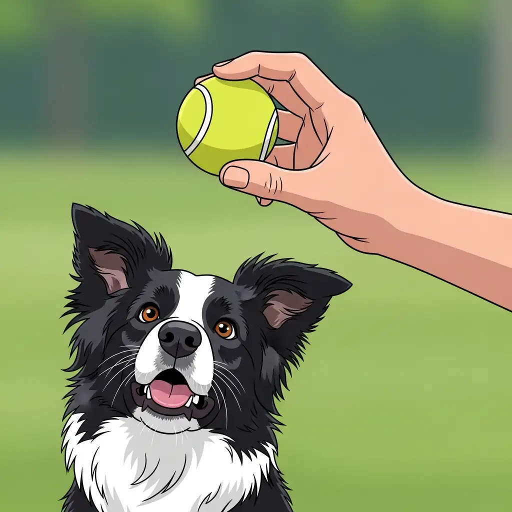 보호자가 노란색 공을 들고 있자 이를 집중해서 바라보며 다음 놀이를 기다리는 영리한 보더콜리