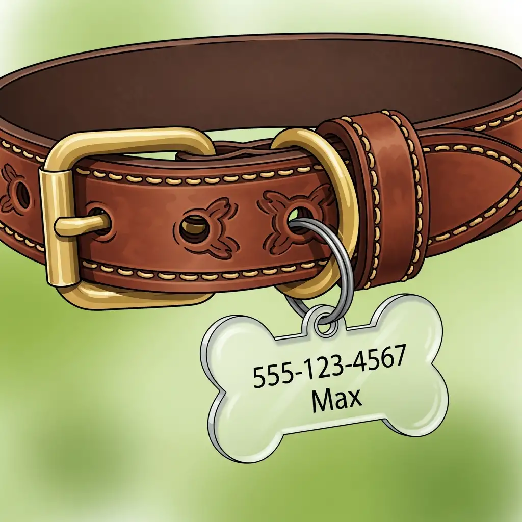 강아지 목줄에 채워진 외출인식표와 인식표에 기재된 보호자의 연락처 정보