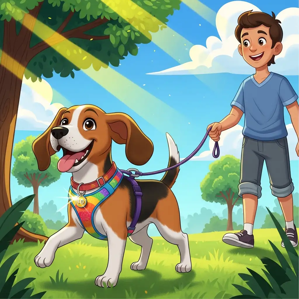 공원에서 외출인식표가 달린 가슴줄을 착용하고 보호자와 즐겁게 산책 중인 반려견의 모습