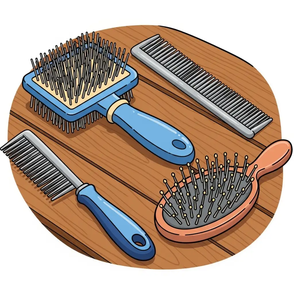 강아지모질관리에 필요한 슬리커 브러시, 일자 빗 등 다양한 반려견브러싱 도구들의 모습입니다.