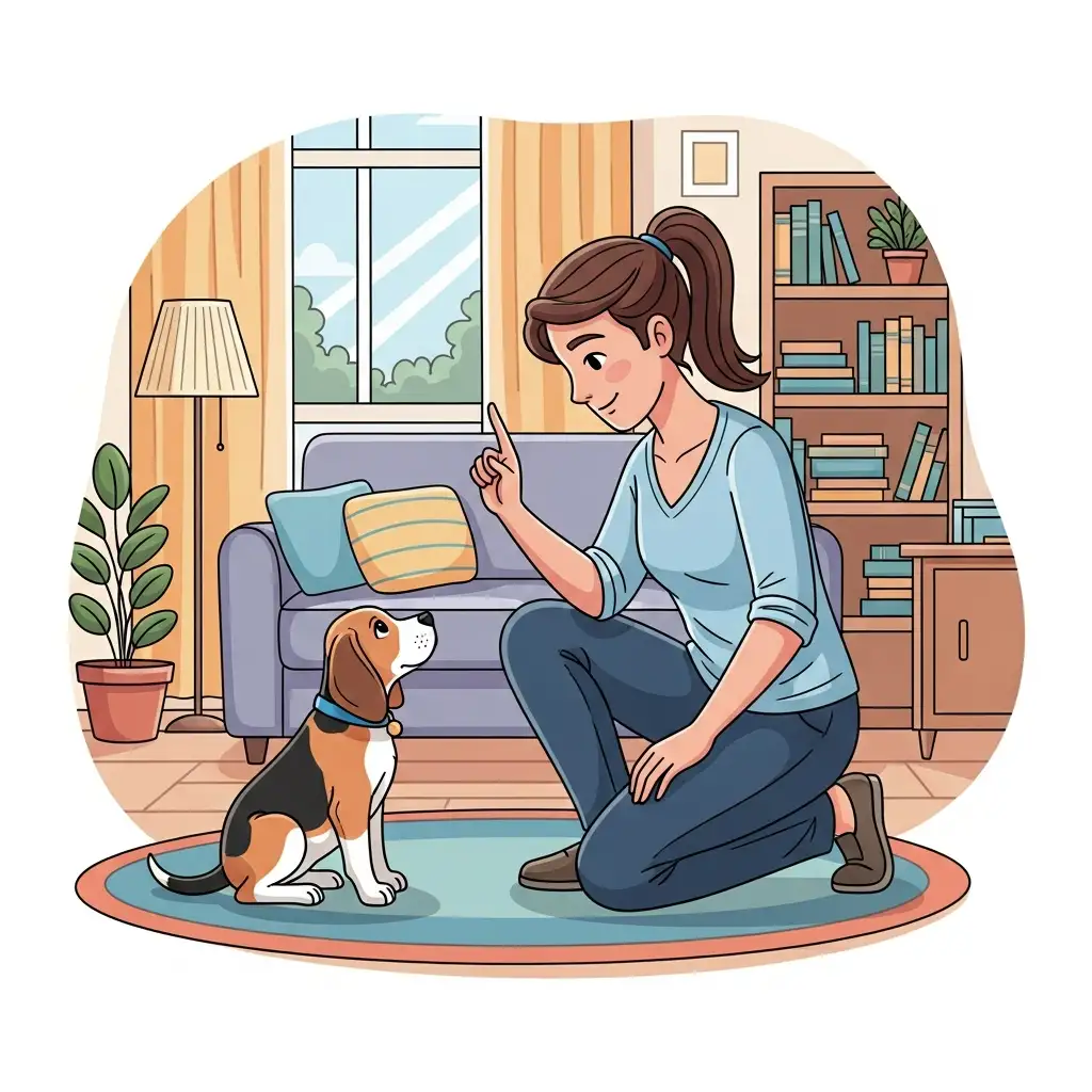 거실에서 전문 훈련사가 수신호를 사용하여 비글 강아지에게 차분하게 기다리는 법을 교육하는 장면