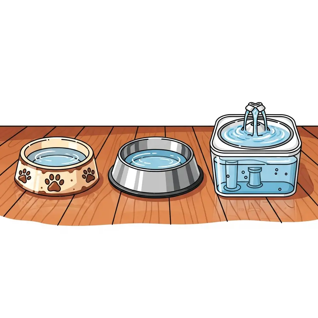 강아지의 음수량을 늘리기 위해 준비된 다양한 형태의 물그릇과 자동 급수기 세트