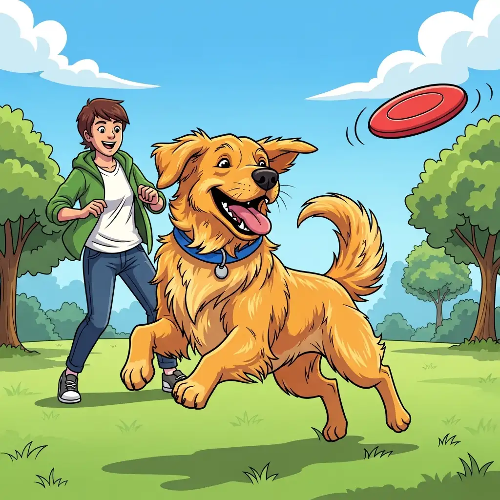 정기적인 예방접종과 건강 관리를 통해 공원에서 주인과 활기차게 뛰어놀고 있는 건강한 강아지입니다.