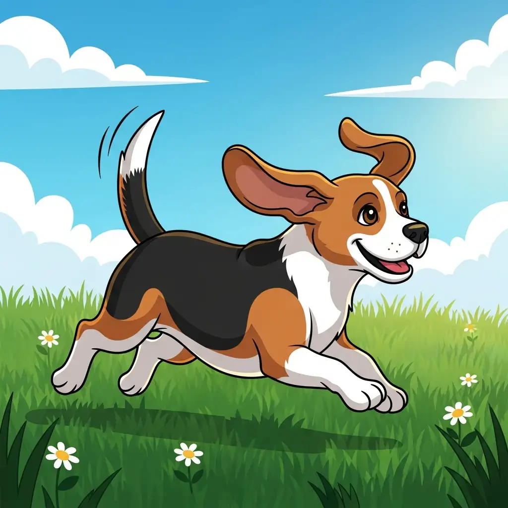 푸른 잔디밭에서 건강하고 활기차게 뛰어놀며 행복한 표정을 짓고 있는 반려견의 모습