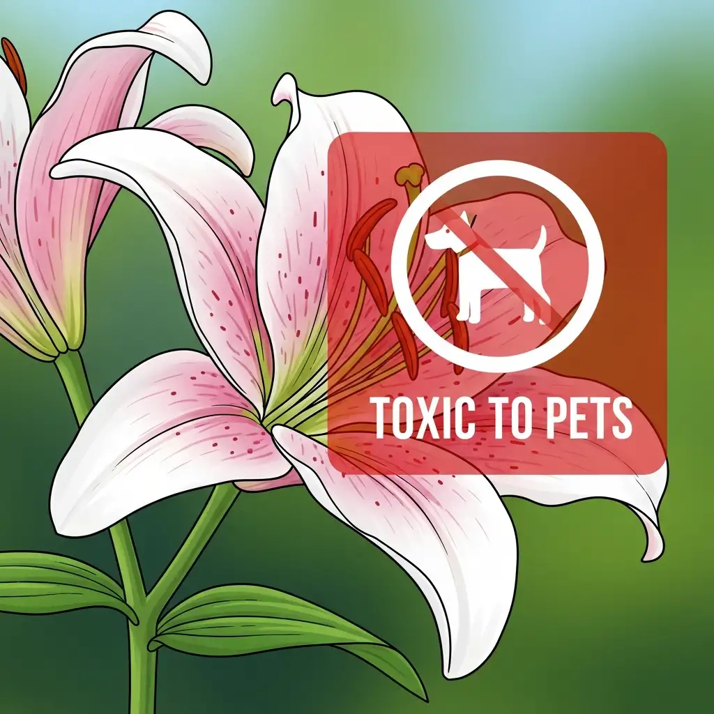 반려견에게 매우 치명적인 독성을 가진 백합 꽃의 모습과 위험성을 알리는 경고 표시 이미지
